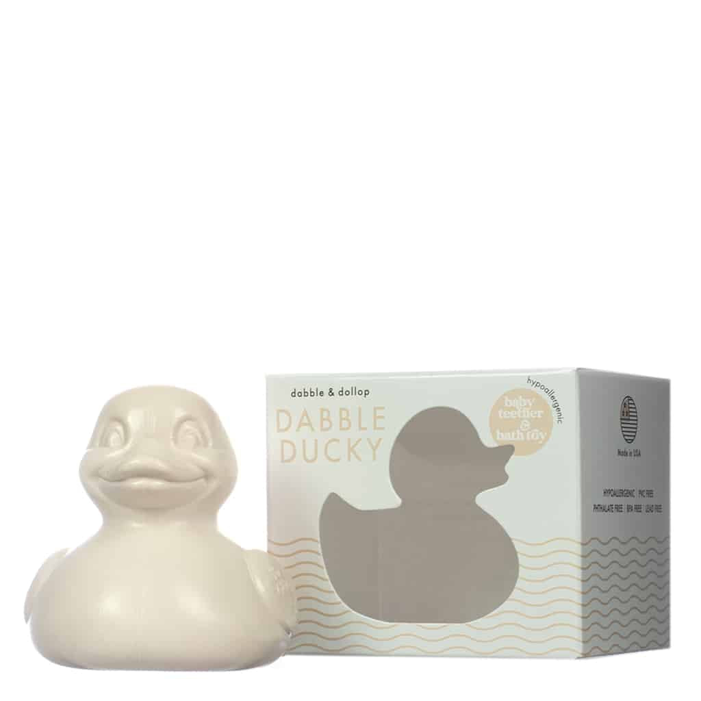 Front of Dabble & Dollop Dabble Ducky Bath Toy & Teether. Hypoallergenic, latex-free baby teether and bath toy in a duck design, ideal for gentle play and teething relief.