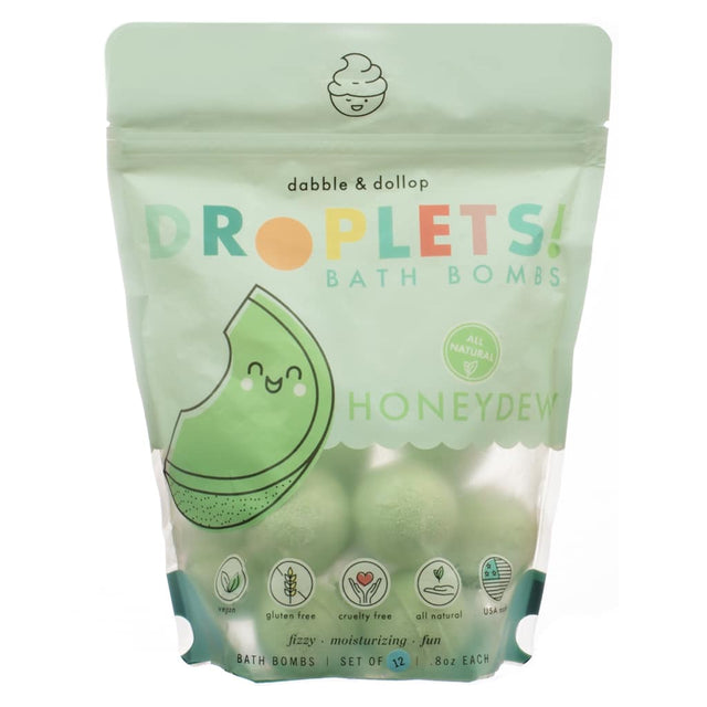 Front of Dabble & Dollop Droplets Bath Bombs set of 12 in Honeydew scent. Fizzy, moisturizing, and cruelty-free bath bombs with a playful design, made with all-natural and gluten-free ingredients.