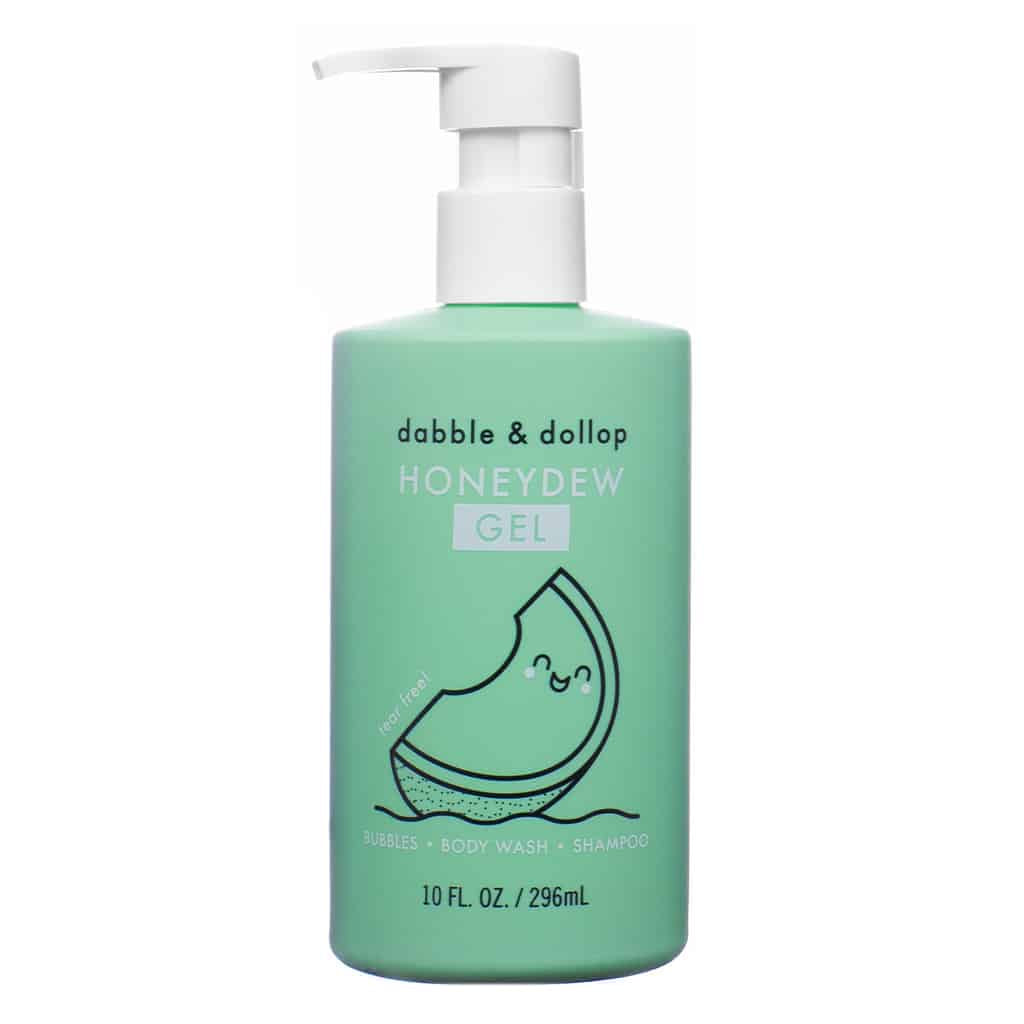 Front of Dabble & Dollop Honeydew Gel, 10 fl oz (296 mL). Tear-free bubbles, body wash, and shampoo with a refreshing honeydew scent, ideal for a fun and gentle bathing experience.