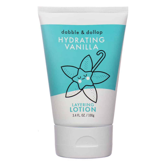 Front of Dabble & Dollop Hydrating Vanilla Layering Lotion, 3.4 fl oz (100 g). A soft, hydrating body lotion with a comforting vanilla scent, designed for layering and moisturizing delicate skin.