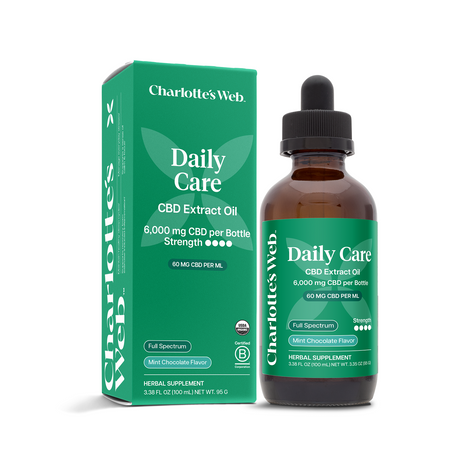 Charlotte's Web Daily Care 60mg CBD Oil — Mint Chocolate 100 mL box, new Daily Care packaging