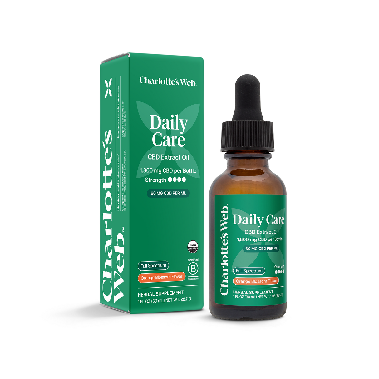 Charlotte's Web Daily Care 60mg CBD Oil — Orange Blossom 30 mL box, new Daily Care packaging