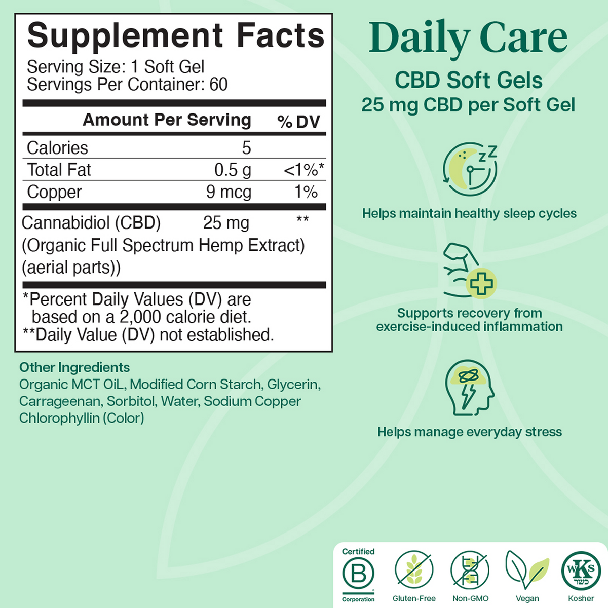 Charlotte's Web Daily Care CBD Soft Gels 25 mg supplement facts and other ingredients