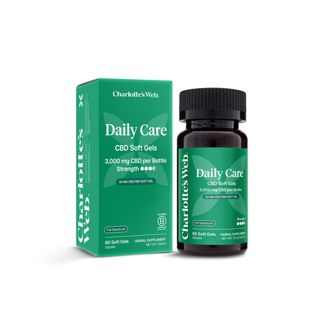 Charlotte's Web Daily Care CBD Soft Gels 50 mg, 60 count box and bottle