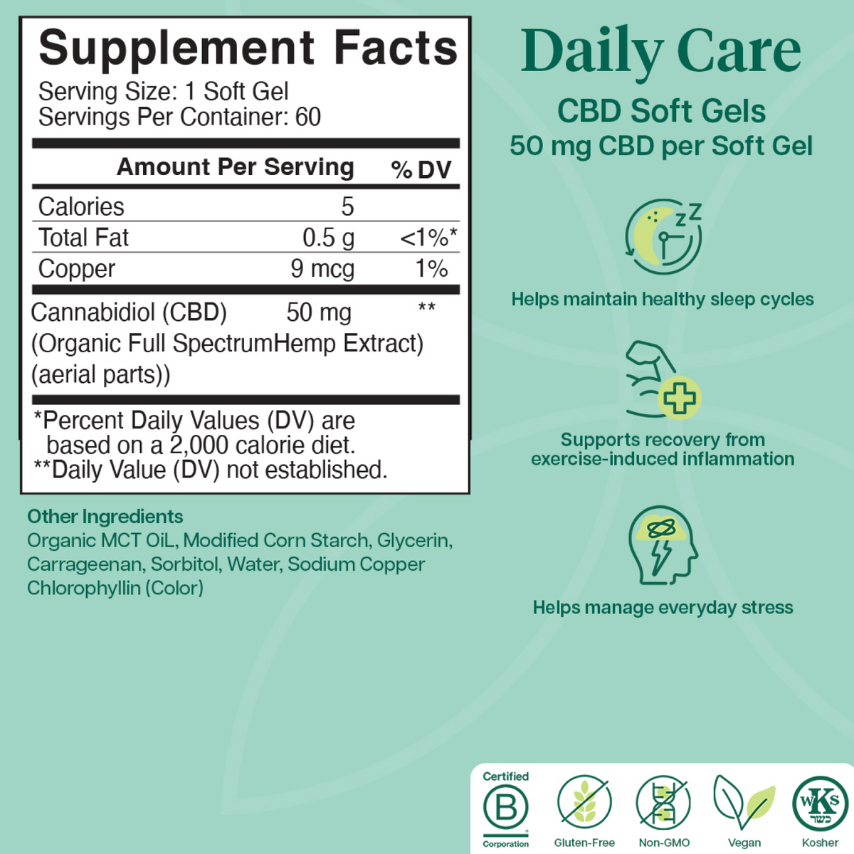 Charlotte's Web Daily Care CBD Soft Gels 50 mg supplement facts and other ingredients