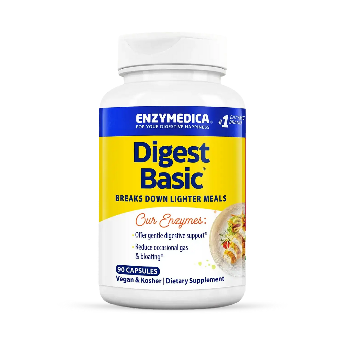 Enzymedica Digest Basic 90 capsules bottle with yellow and blue label, gentle digestive enzyme supplement