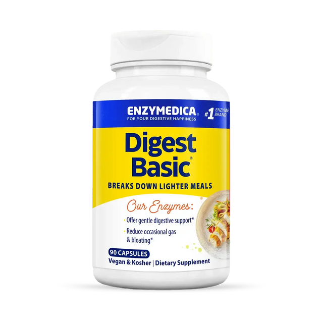 Enzymedica Digest Basic 90 capsules bottle with yellow and blue label, gentle digestive enzyme supplement