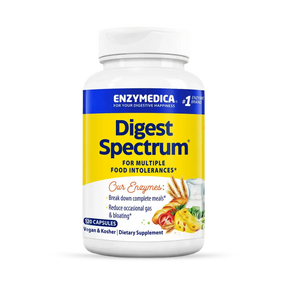 Enzymedica Digest Spectrum 120 capsules bottle with yellow and blue label, enzymes for multiple food intolerances