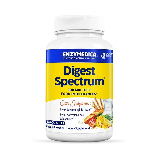 Enzymedica Digest Spectrum 120 capsules bottle with yellow and blue label, enzymes for multiple food intolerances