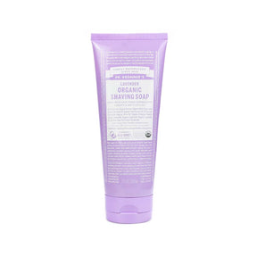 Dr. Bronner's Lavender Organic Shaving Soap in a light purple squeeze tube, front label shown, 7 fl oz