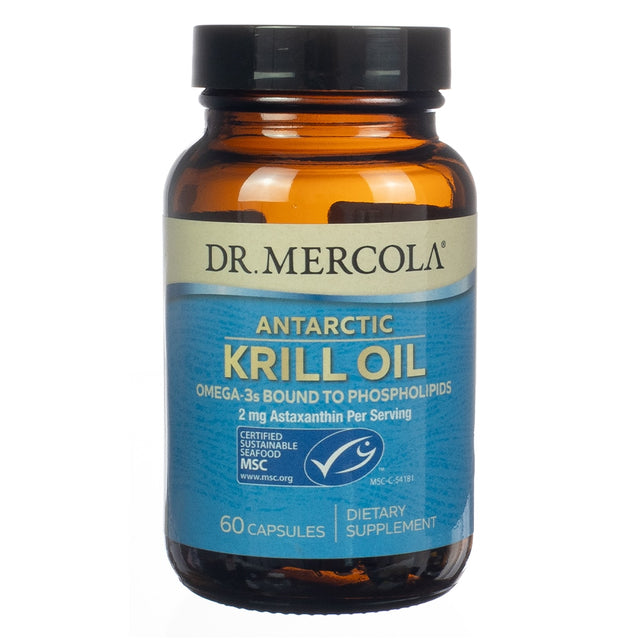 A dark amber bottle of "Dr. Mercola Antarctic Krill Oil," containing omega-3s bound to phospholipids with 2 mg of astaxanthin per serving. This sustainable seafood supplement is MSC-certified and includes 60 capsules.