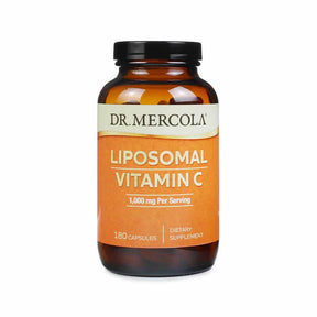 Dr. Mercola Liposomal Vitamin C 180 capsules amber bottle with orange label and black cap dietary supplement