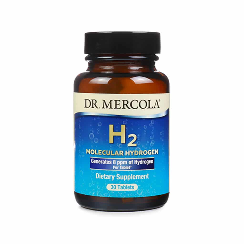 A brown glass bottle of Dr. Mercola H2 Molecular Hydrogen, displaying the front label with product branding. The label highlights that the supplement generates 8 ppm of hydrogen per tablet and contains 30 tablets as a dietary supplement.