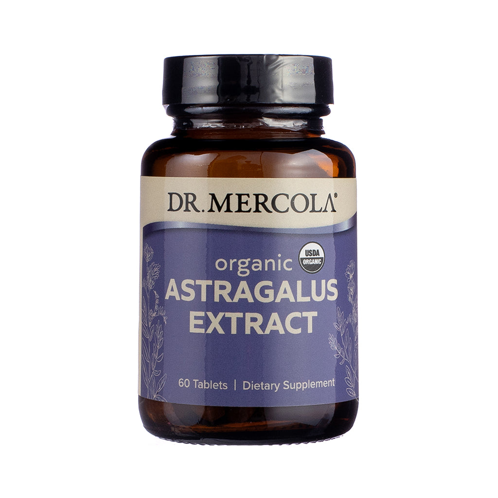 Front label of Dr. Mercola Organic Astragalus Extract Capsules, 60-count bottle, with clean white and green packaging, organic certification, and emphasis on immune and stress support benefits.

