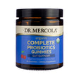 Front-facing label of Dr. Mercola Organic Complete Probiotics Gummies in Cherry flavor, red-themed pouch with USDA Organic badge, playful font, and emphasis on digestive and immune support.

