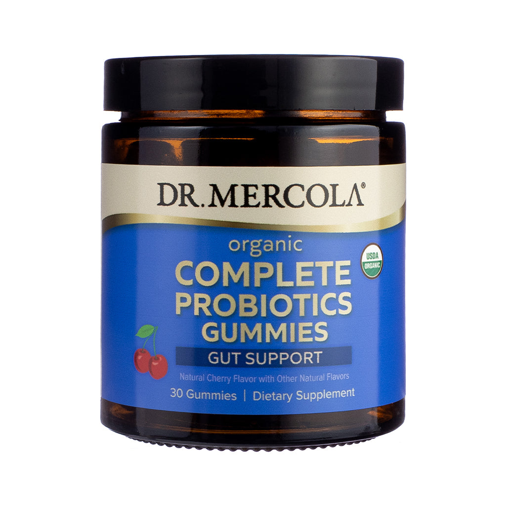 Front-facing label of Dr. Mercola Organic Complete Probiotics Gummies in Cherry flavor, red-themed pouch with USDA Organic badge, playful font, and emphasis on digestive and immune support.

