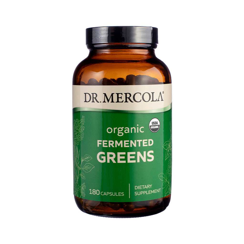 Image of Dr. Mercola Organic Fermented Greens Capsules, 180-count bottle, featuring white label with green leaf graphics, USDA Organic seal, and callouts for energy and detox support.