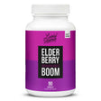 The front of the Lively Vitamin Co. Elderberry Boom 180 Capsules bottle displays the product name and tagline, "Immune Excellence in One Explosive Formula." The label emphasizes it as a "Doctor Formulated" product and highlights its immune-boosting benefits.