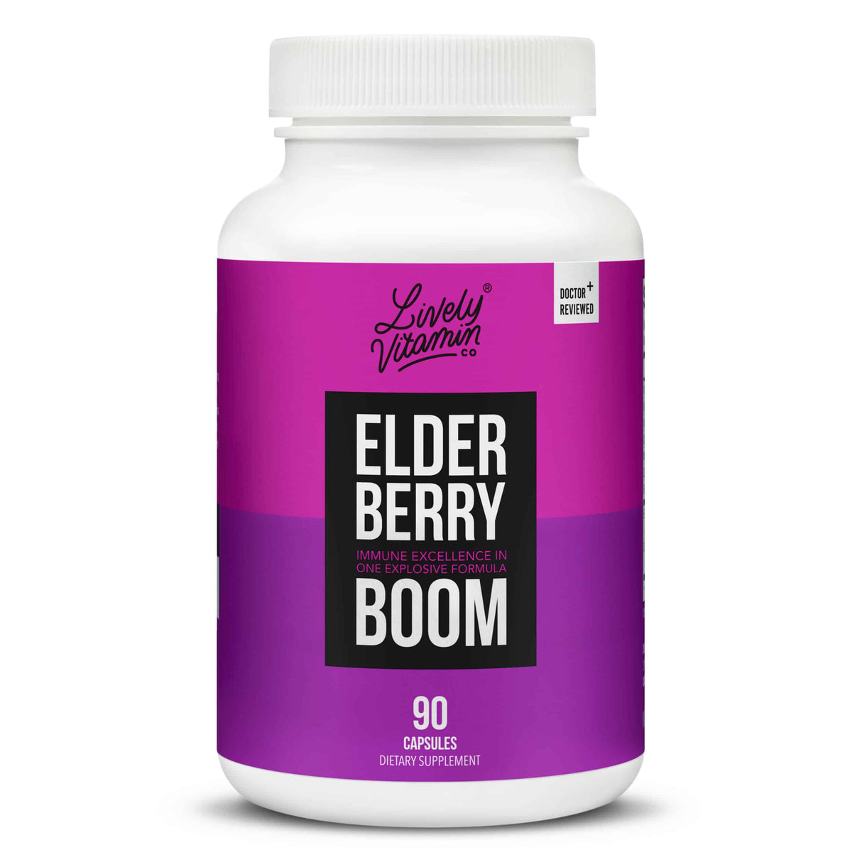 The front of the Lively Vitamin Co. Elderberry Boom 180 Capsules bottle displays the product name and tagline, "Immune Excellence in One Explosive Formula." The label emphasizes it as a "Doctor Formulated" product and highlights its immune-boosting benefits.