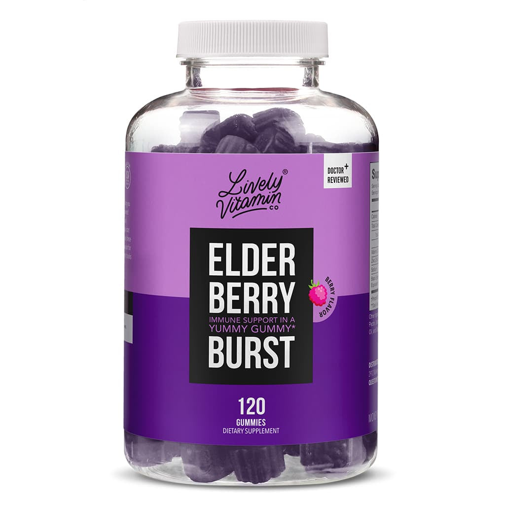 Front of Lively Vitamin Co. Elderberry Burst Gummies (120 count, Berry): Immune-boosting dietary supplement with a delicious berry flavor. Doctor-reviewed and made for whole family wellness.