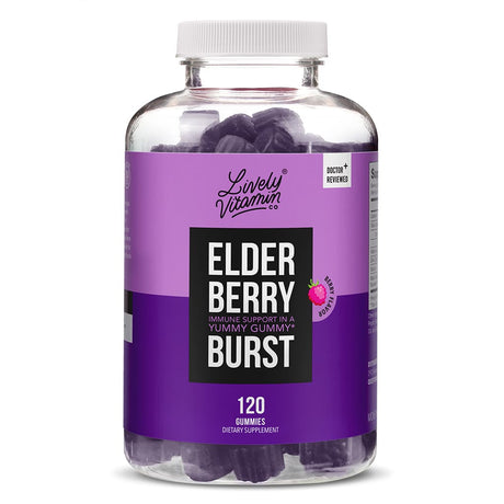 Front of Lively Vitamin Co. Elderberry Burst Gummies (120 count, Berry): Immune-boosting dietary supplement with a delicious berry flavor. Doctor-reviewed and made for whole family wellness.