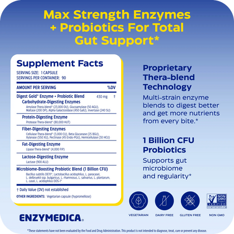 Enzymedica Digest Gold + Probiotics supplement facts: 430 mg enzyme and probiotic blend with 1 billion CFU per capsule