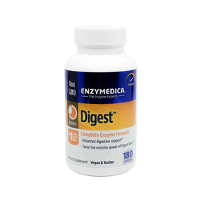 Enzymedica Digest 180 capsules white bottle with blue and orange label, complete enzyme formula supplement
