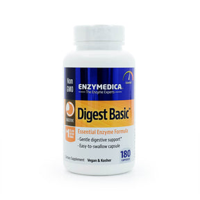 Enzymedica Digest Basic 180 capsules white bottle with blue and orange label, digestive enzyme supplement