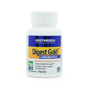 Enzymedica Digest Gold + Probiotics 45 capsules white bottle with blue and yellow label, vegetarian supplement