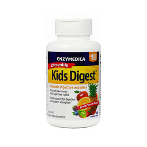 Enzymedica Kids Digest chewable digestive enzymes, white bottle with yellow label, fruit punch flavor, 90 chewable tablets