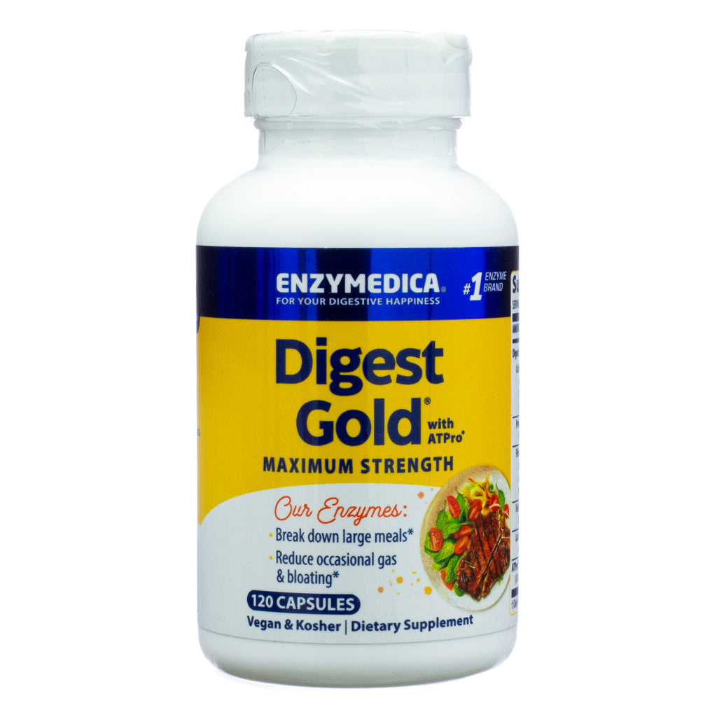 Enzymedica Digest Gold Maximum Strength 120 Capsules bottle with a yellow and blue label. Highlights include digestive enzyme support, reduction of occasional gas and bloating, and the ability to break down large meals. Vegan and kosher dietary supplement.