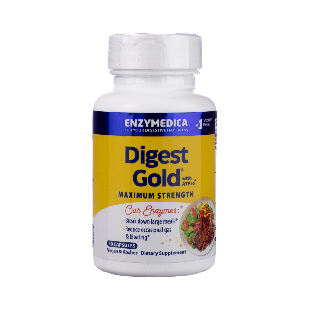 Product label of Enzymedica Digest Gold with ATPro™, 90-count size, deep blue and gold packaging featuring ATP molecule graphic and claims for maximum digestive efficiency.

