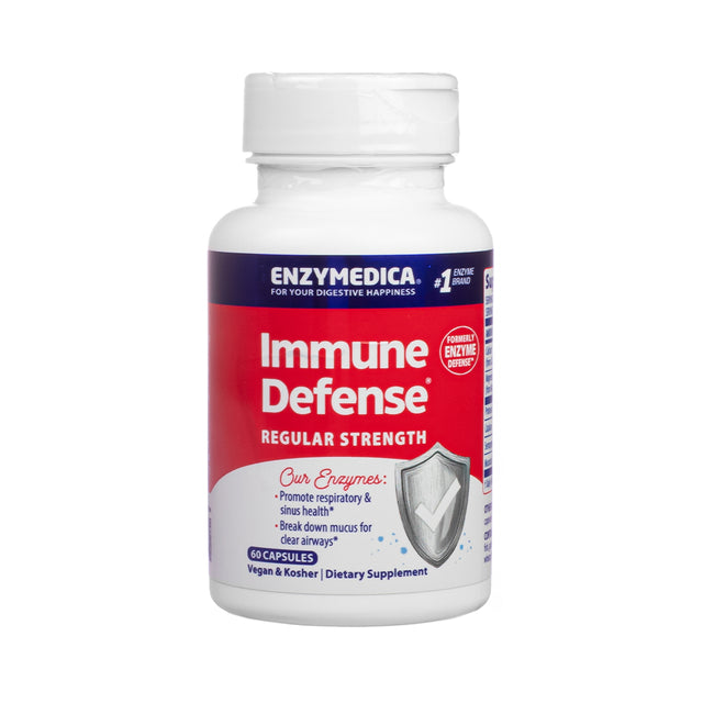 White bottle of Enzymedica Immune Defense Regular Strength with a red, white, and blue label. The front highlights immune-supporting enzymes for respiratory and sinus health, offering 60 vegan and kosher capsules.