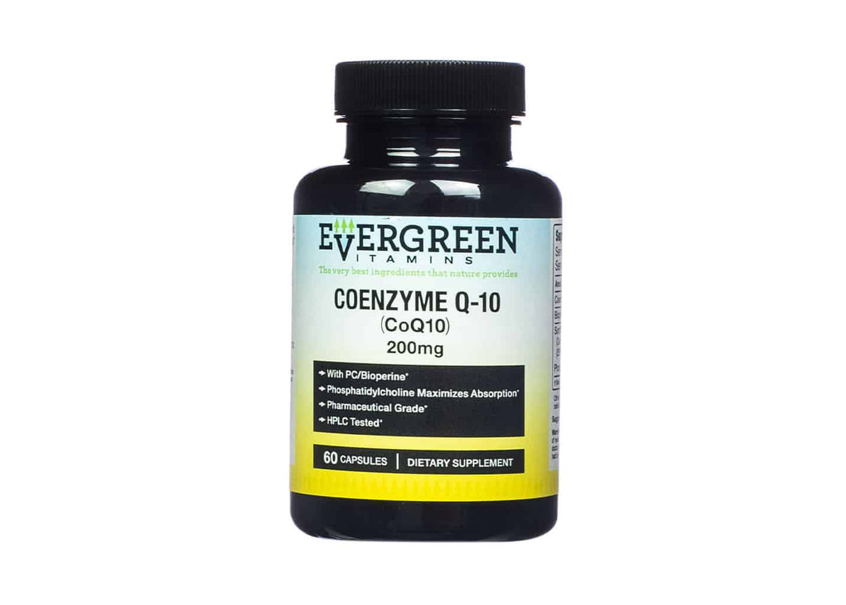 A black bottle labeled "Evergreen Vitamins Coenzyme Q-10," featuring 200 mg of pharmaceutical-grade CoQ10. Highlights include enhanced absorption with PC/Bioperine, phosphatidylcholine, and HPLC testing. Contains 60 capsules, designed for optimal cellular energy support.