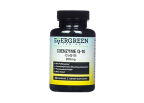 EverGreen Coenzyme Q-10 200mg 60 capsules in a black bottle with white and yellow label