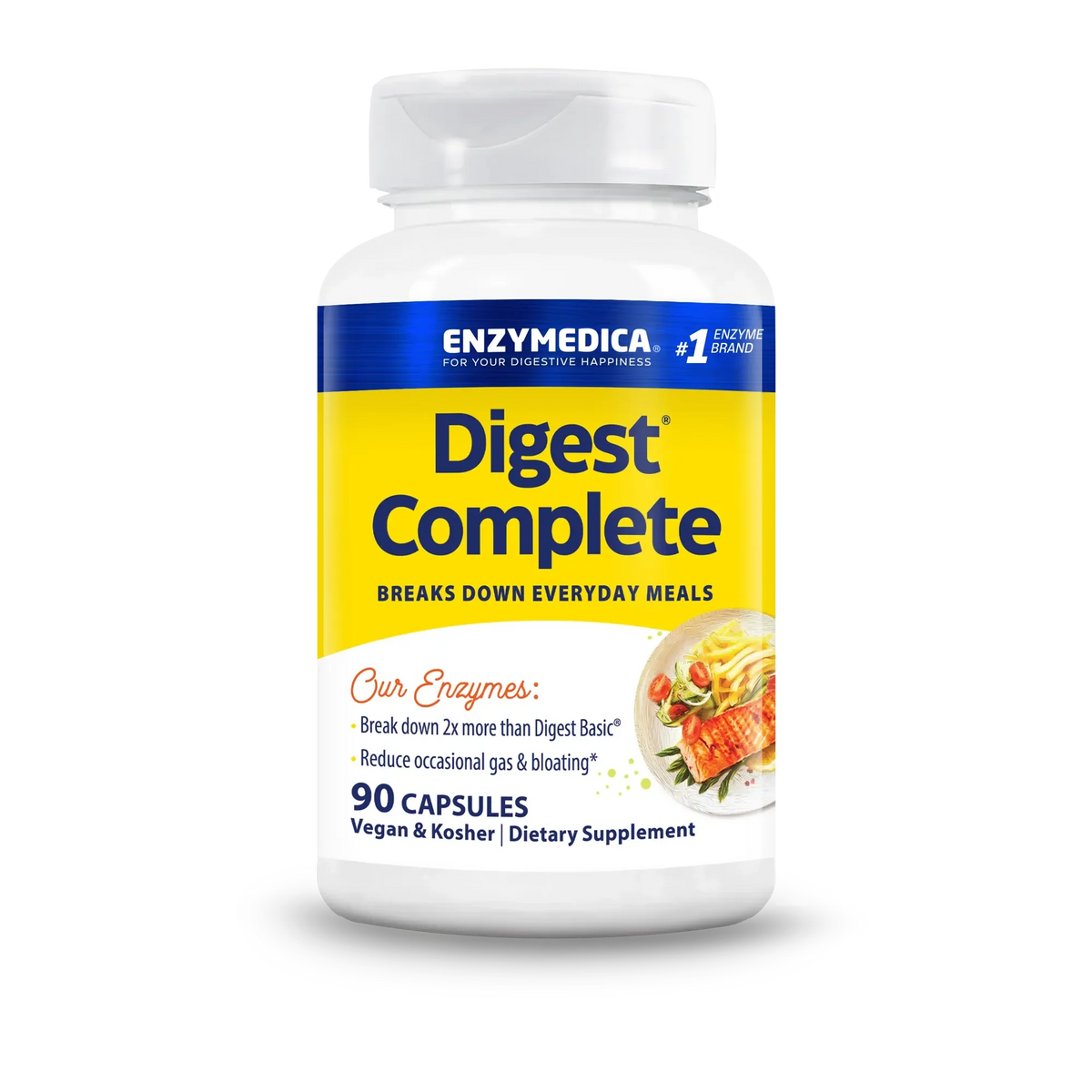 Enzymedica Digest Complete 90 capsules bottle with yellow and blue label, vegan and kosher digestive enzyme supplement