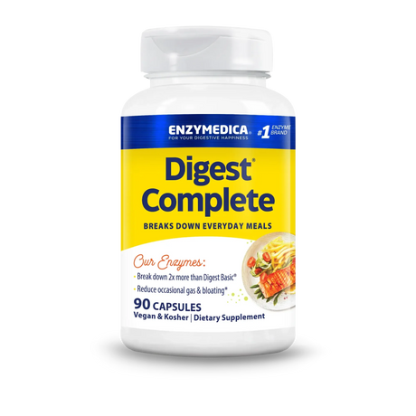 Enzymedica Digest Complete 90 capsules bottle with yellow and blue label, vegan and kosher digestive enzyme supplement