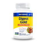 Enzymedica Digest Gold + Probiotics 180 capsules bottle with yellow label and Non-GMO Project Verified seal
