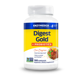 Enzymedica Digest Gold + Probiotics 180 capsules bottle with yellow label and Non-GMO Project Verified seal