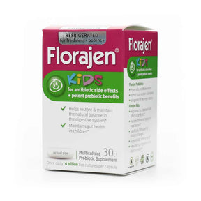 Florajen Kids probiotic 30 ct capsules box, white and pink package with green label, refrigerated supplement