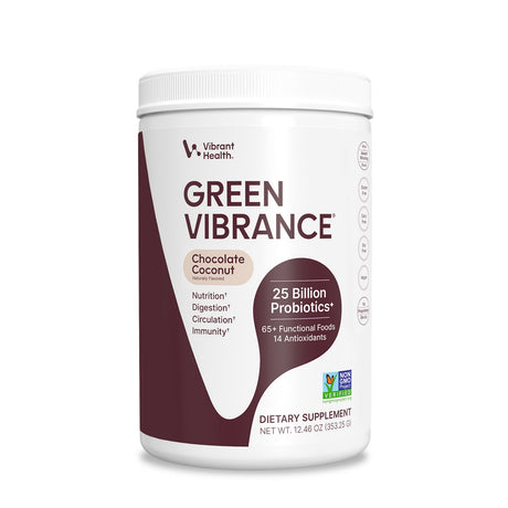 Vibrant Health Green Vibrance Chocolate Coconut greens powder, 25 servings, white tub with brown label