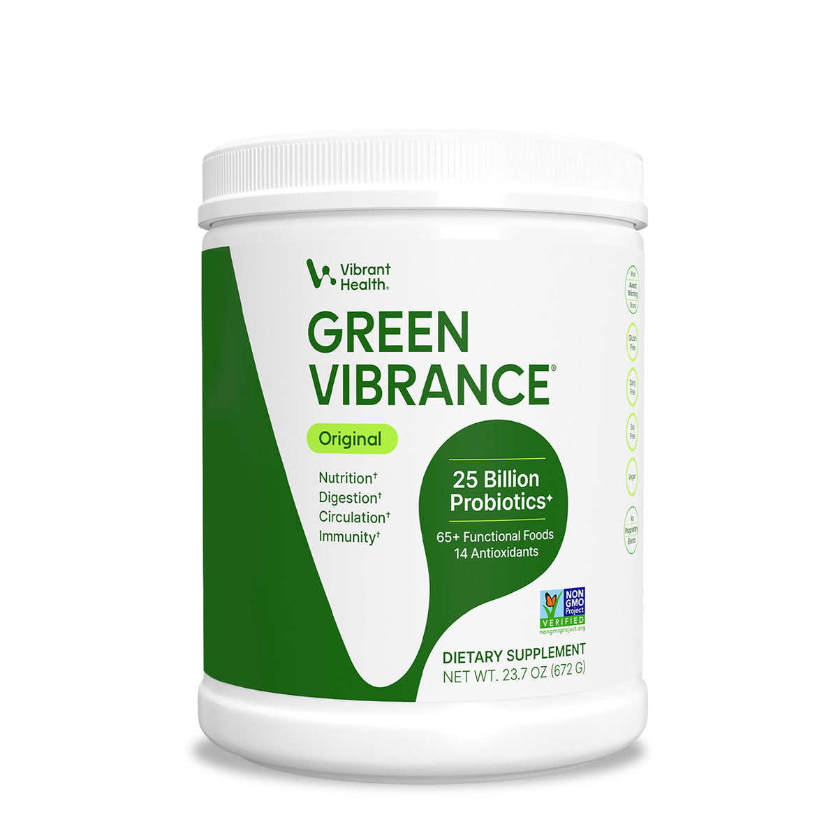 Vibrant Health Green Vibrance Original greens powder, 60 servings, white tub with green label