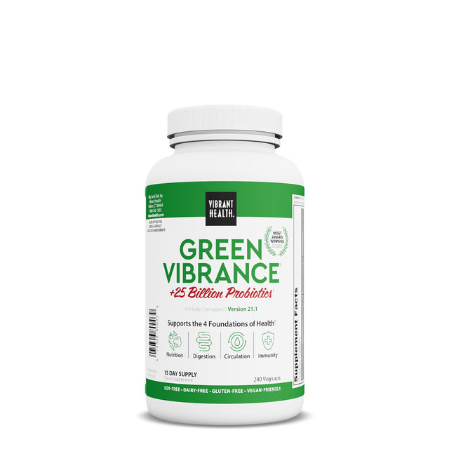 Vibrant Health Green Vibrance Capsules, 240 vegicaps, white bottle with green label, Version 21.1