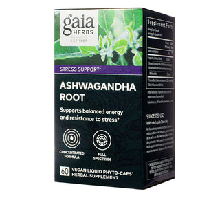 Gaia Herbs Ashwagandha Root Stress Support 60 vegan liquid phyto-caps box, green and black herbal supplement package