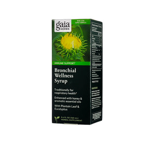 Gaia Herbs Bronchial Wellness Herbal Syrup 5.4 fl oz box, black and green packaging with yellow flower graphic