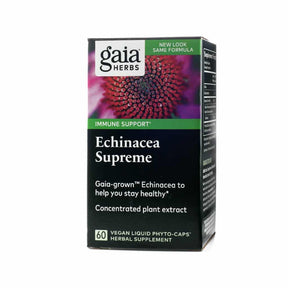 Gaia Herbs Echinacea Supreme 60 vegan liquid phyto-caps box, black label with purple echinacea flower image