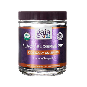 Gaia Kids Black Elderberry Kids Daily Gummies in a 40-count jar, labeled for immune support. The purple and orange packaging features USDA Organic certification and highlights that the gummies are made from real fruit and are vegan.