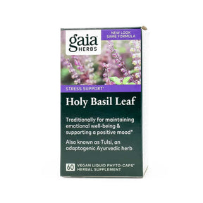 Front-facing box of Gaia Herbs Holy Basil Leaf supplement, featuring vibrant purple basil flowers on the top half and labeled for stress support. The packaging notes its traditional use for emotional well-being and mood support, with 60 vegan liquid phyto-caps per box.
