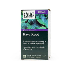 Box of Gaia Herbs Kava Root supplement featuring lush kava leaves on the label. Promotes calm and relaxation, made with kava root harvested from the Islands of Vanuatu, and includes 60 vegan liquid phyto-caps for stress support.