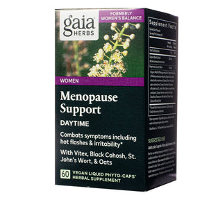 Gaia Herbs Menopause Support Daytime 60 vegan liquid phyto-caps box, black label with supplement facts side panel